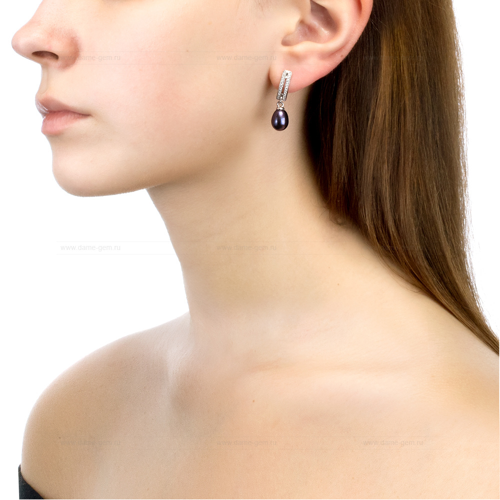 Серьги из серебра с черными жемчужинами "капля" 7,5-8 мм. Артикул 12468