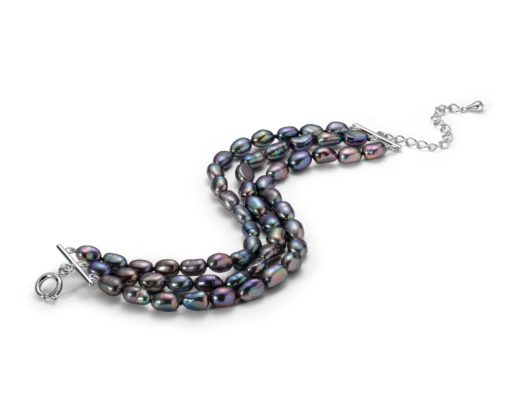 Браслет в 3 ряда из черного барочного жемчуга 6,5-7 мм. Качество наивысшее ААА. Артикул 9644