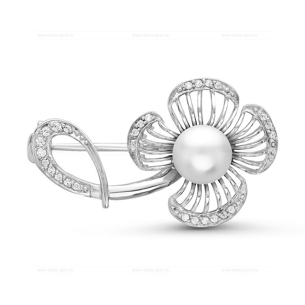 Брошь из серебра с белой речной жемчужиной 7,5-8 мм. Артикул 10907