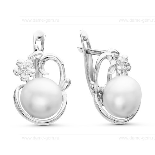 Серьги из серебра с белыми жемчужинами 7,5-8 мм. Артикул 10391