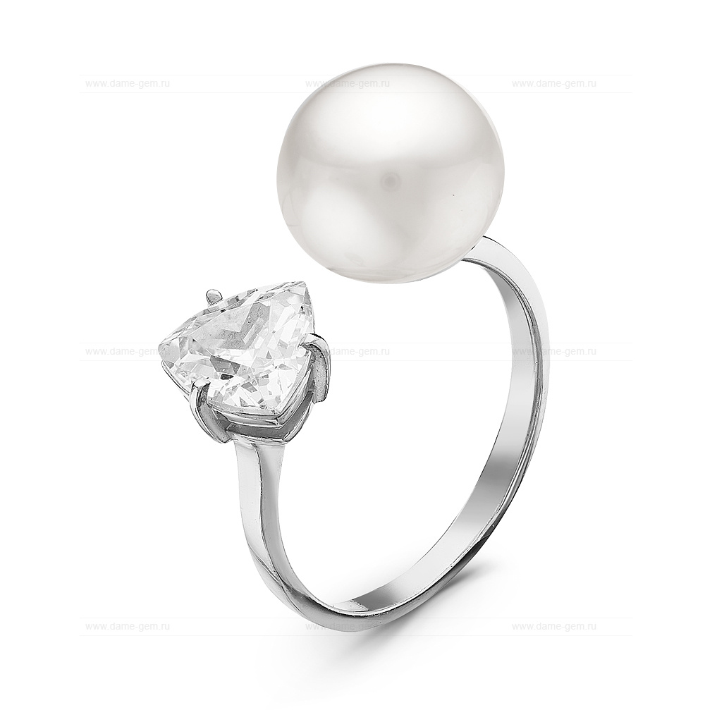 Двойное кольцо "Dior" из серебра 925 пробы с белой жемчужиной 9,5-10 мм. Артикул 10865 Двойное кольцо "Dior" из серебра 925 пробы с белой жемчужиной 9,5-10 мм. Артикул 10865