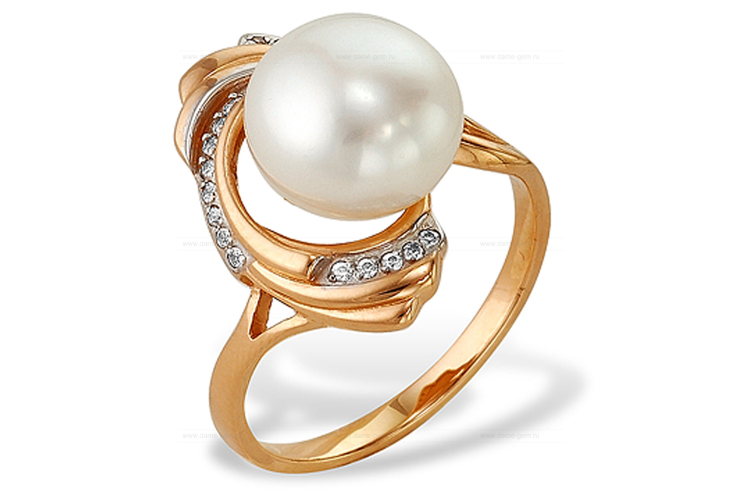 Кольцо из красного золота 585 пробы с белой жемчужиной 8,5-9 мм. Артикул 9557