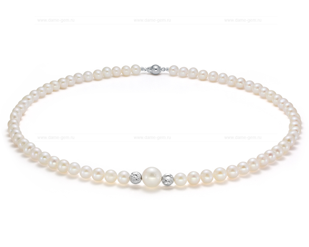 Ожерелье из белого круглого жемчуга 6-10 мм со вставками из серебра. Качество жемчуга наивысшее ААА. Артикул 9733