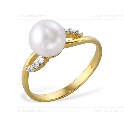 Кольцо из желтого золота 585 пробы с белой жемчужиной 7,5-8 мм. Артикул 9711