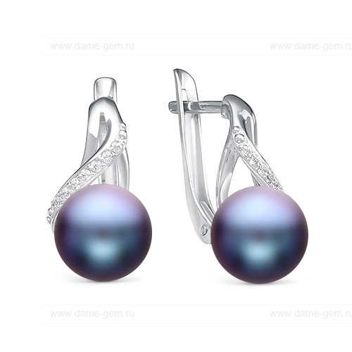 Серьги из серебра с черными жемчужинами 7,5-8 мм. Артикул 11519