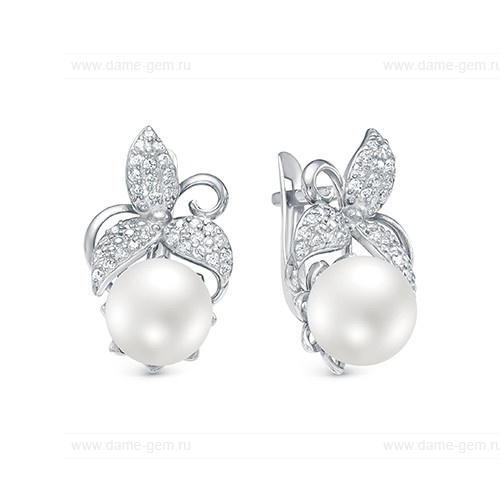 Серьги из серебра с белыми жемчужинами 9,5-10 мм. Артикул 10399