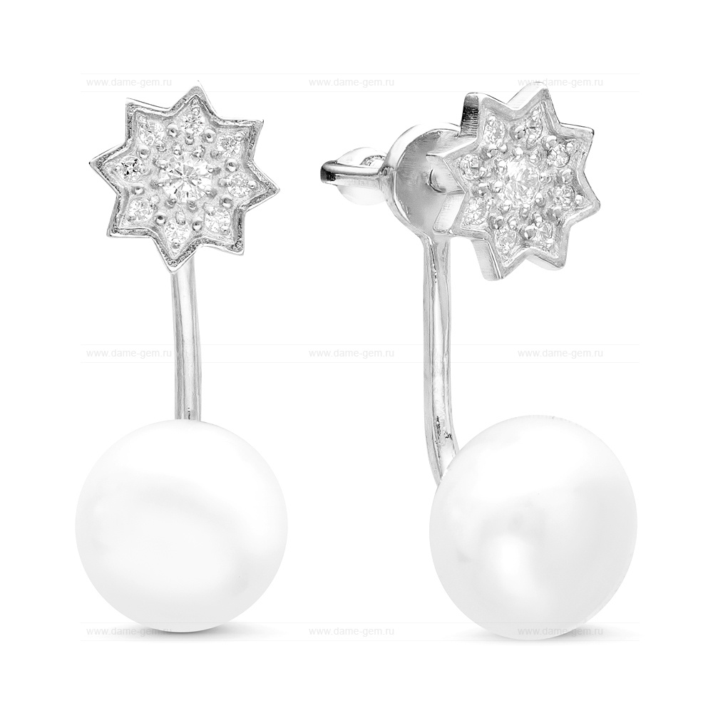 Двойные пусеты "Dior" из серебра с белыми жемчужинами 8,5-9 мм. Артикул 11621