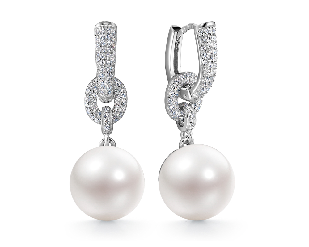 Серьги из серебра 925 пробы с белыми речными жемчужинами 13-13,5 мм. Артикул 105155