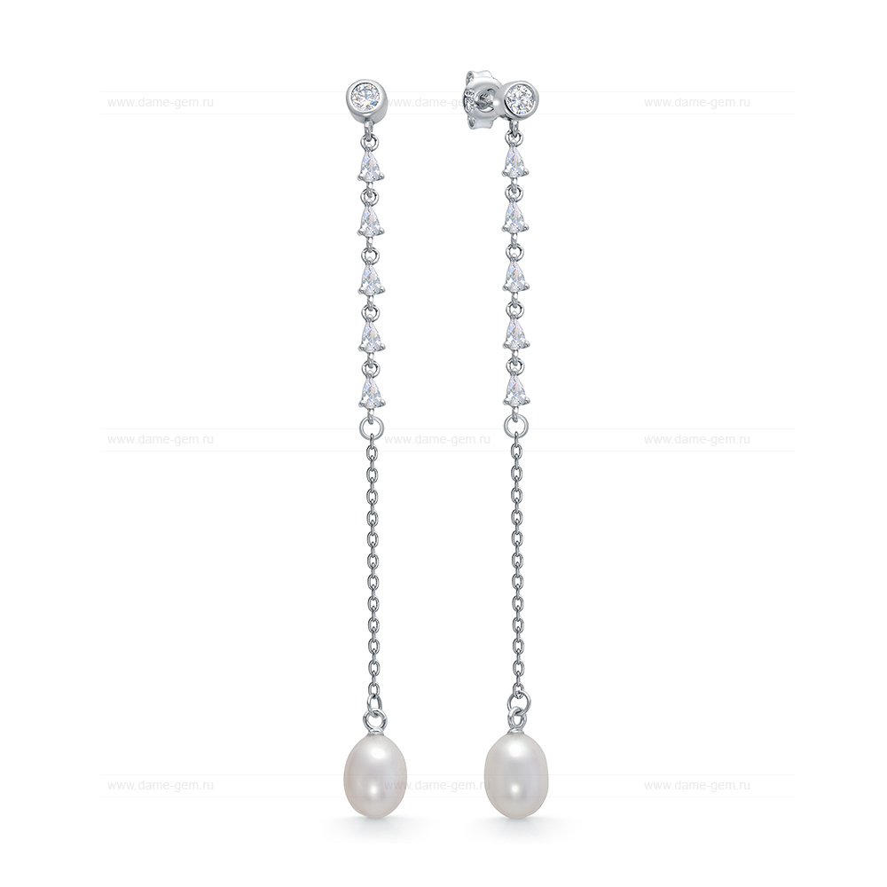 Серьги из серебра с белыми речными жемчужинами 7,5-8 мм. Артикул 11345