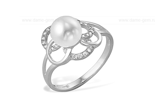 Кольцо из серебра 925 пробы с белой жемчужиной 8-8,5 мм. Артикул 10515