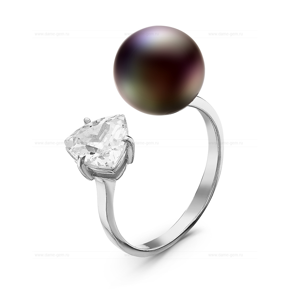 Двойное кольцо "Dior" из серебра 925 пробы с черной жемчужиной 9,5-10 мм. Артикул 10869 Двойное кольцо "Dior" из серебра 925 пробы с черной жемчужиной 9,5-10 мм. Артикул 10869