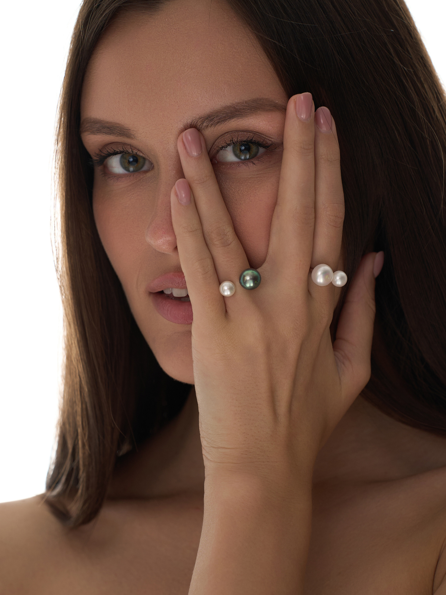 Двойное кольцо "Dior" из серебра 925 пробы с белыми жемчужинами 8,5-11,5 мм. Артикул 12281