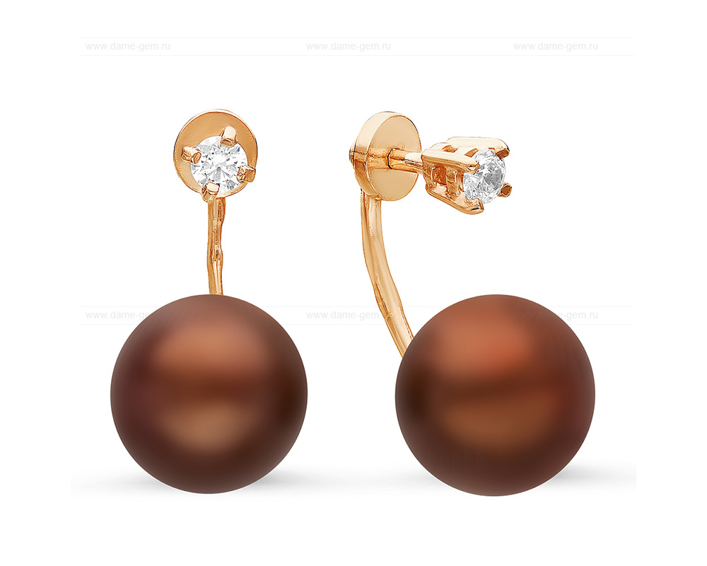 Двойные пусеты "Dior" из серебра с шоколадными жемчужинами 10-10,5 мм. Артикул 10824