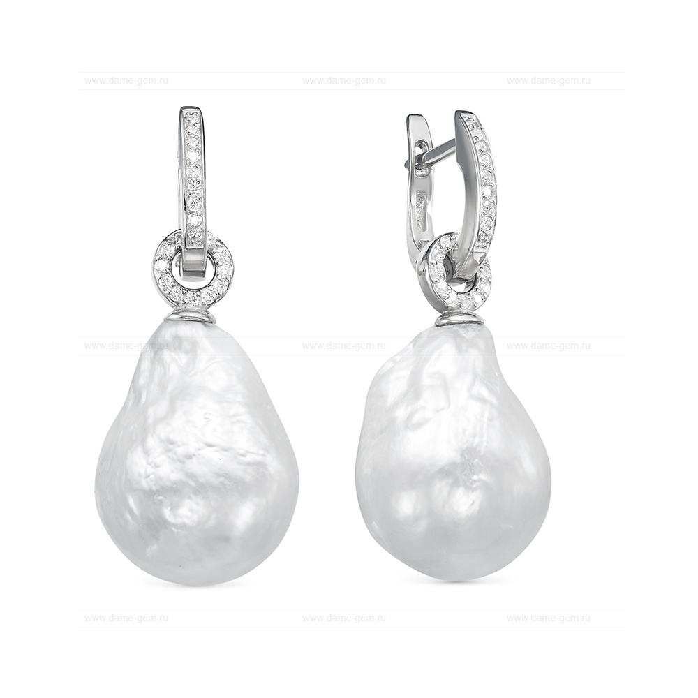 Серьги из серебра с белыми жемчужинами "барокко" 14-15 мм. Артикул 12439 Серьги из серебра с белыми жемчужинами "барокко" 14-15 мм. Артикул 12439