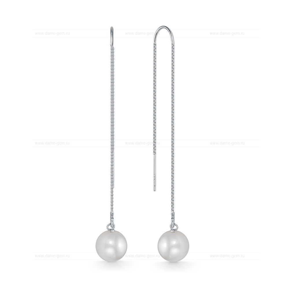 Серьги-продевки из серебра с белыми речными жемчужинами 8,5-9 мм. Артикул 12159