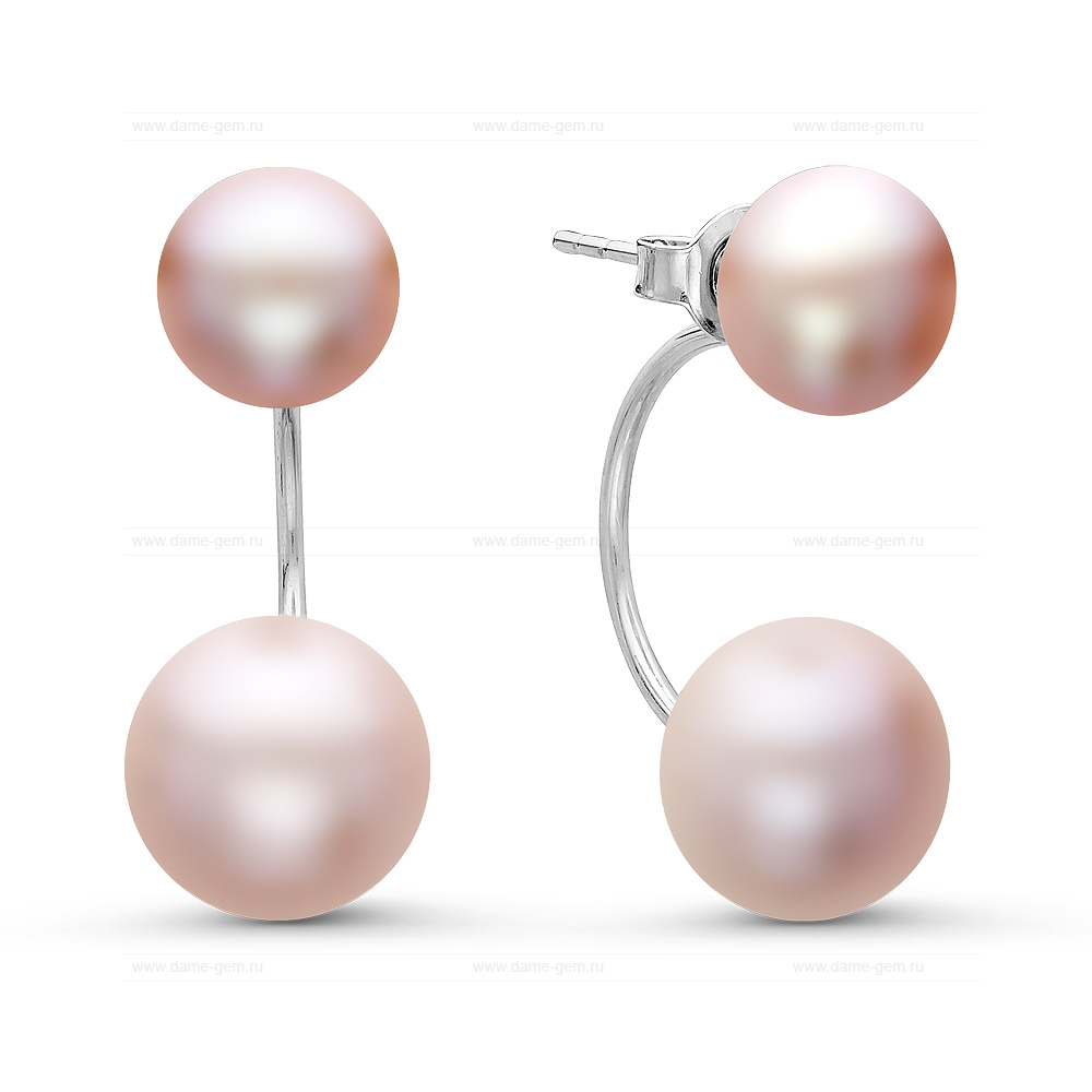 Двойные пусеты "Dior" из серебра с розовыми жемчужинами 8,5-11 мм. Артикул 10779 Двойные пусеты "Dior" из серебра с розовыми жемчужинами 8,5-11 мм. Артикул 10779