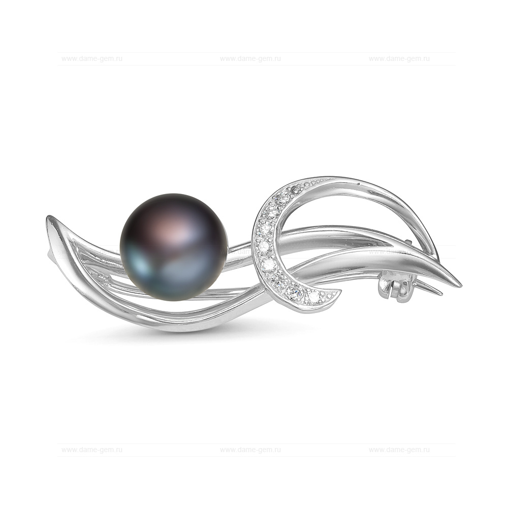 Брошь из серебра с черной жемчужиной 9,5-10 мм. Артикул 9671