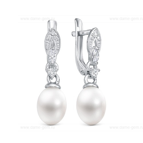Серьги из белого золота с белыми жемчужинами 9-10 мм. Артикул 12783