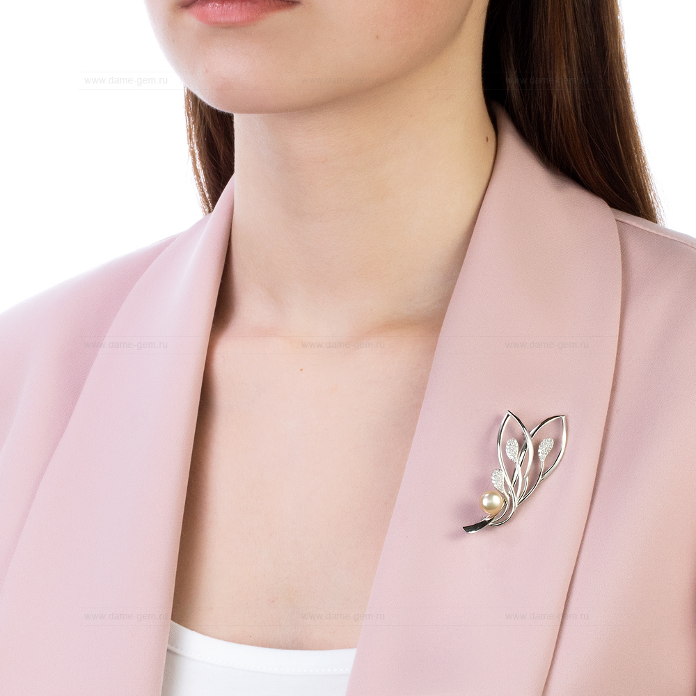 Брошь из серебра с розовой жемчужиной 8,5-9 мм. Артикул 11899