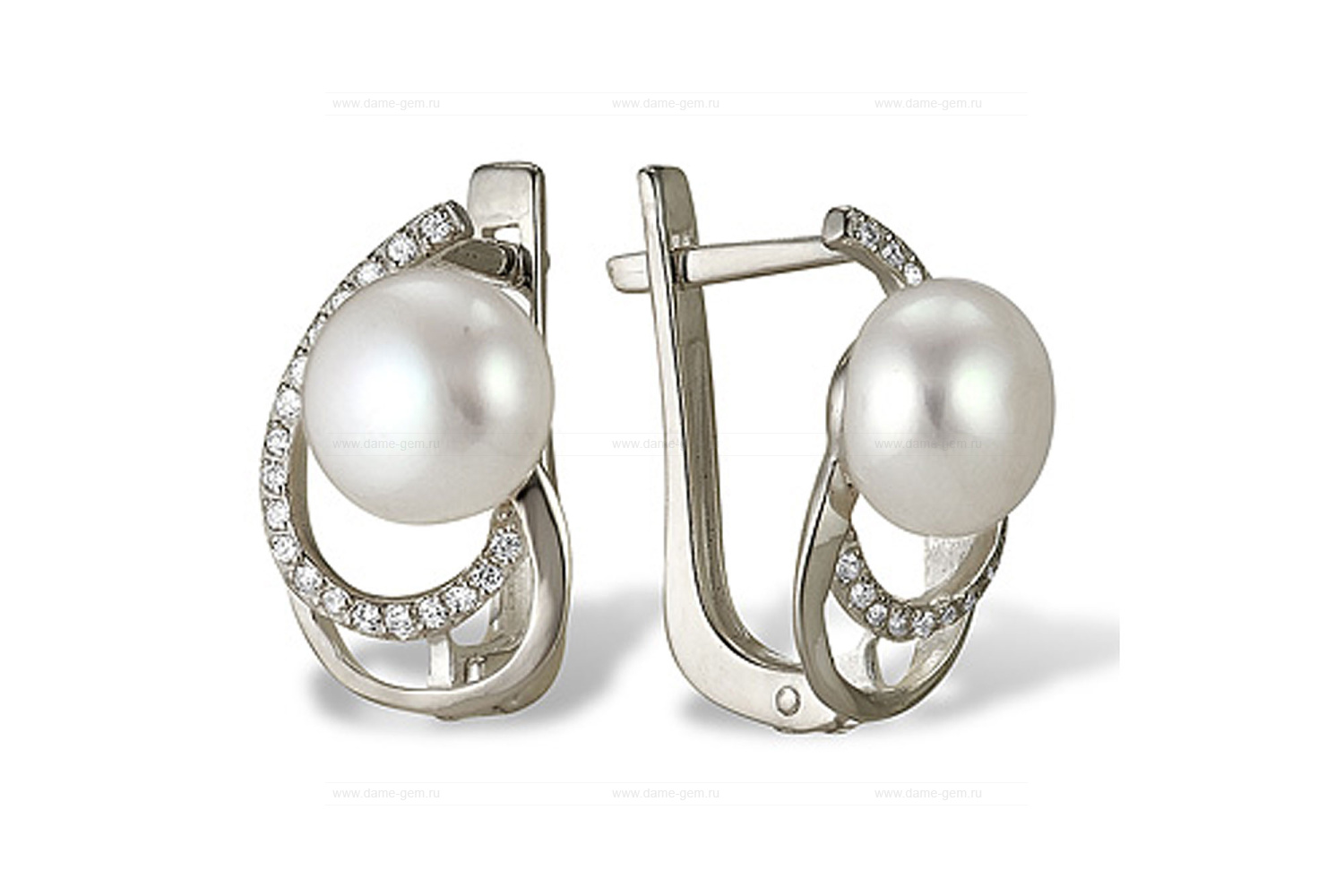 Серьги из белого золота с белыми жемчужинами 7,5-8 мм. Артикул 9295