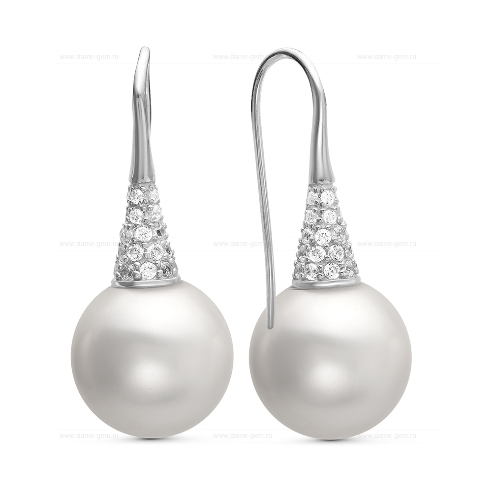 Серьги из серебра с белыми жемчужинами "Майорика" 14 мм. Артикул 11282