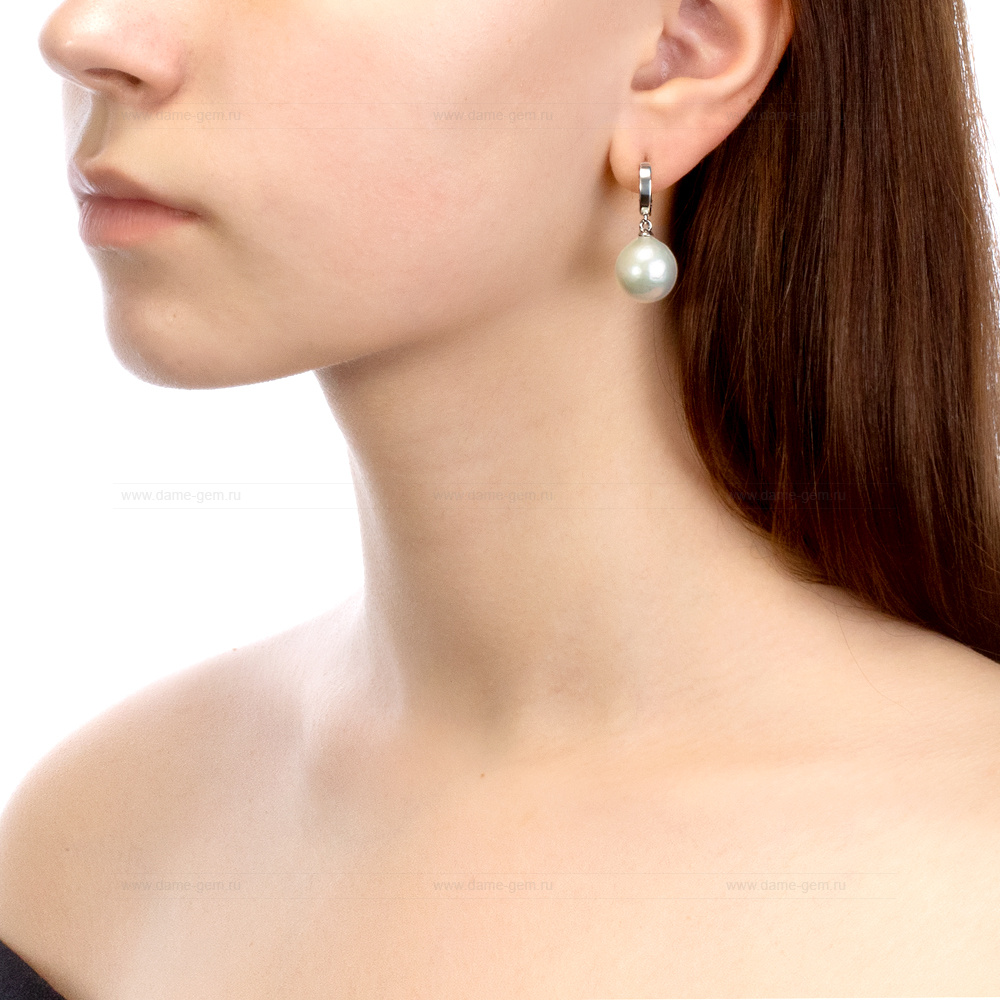 Серьги из серебра с японскими белыми жемчужинами 13,5-14 мм. Артикул 9527
