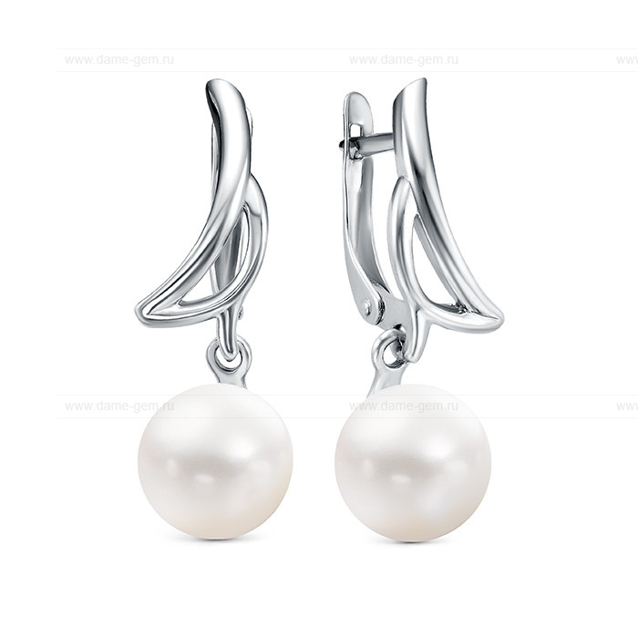 Серьги из серебра с белыми речными жемчужинами 9,5-10 мм. Артикул 9205