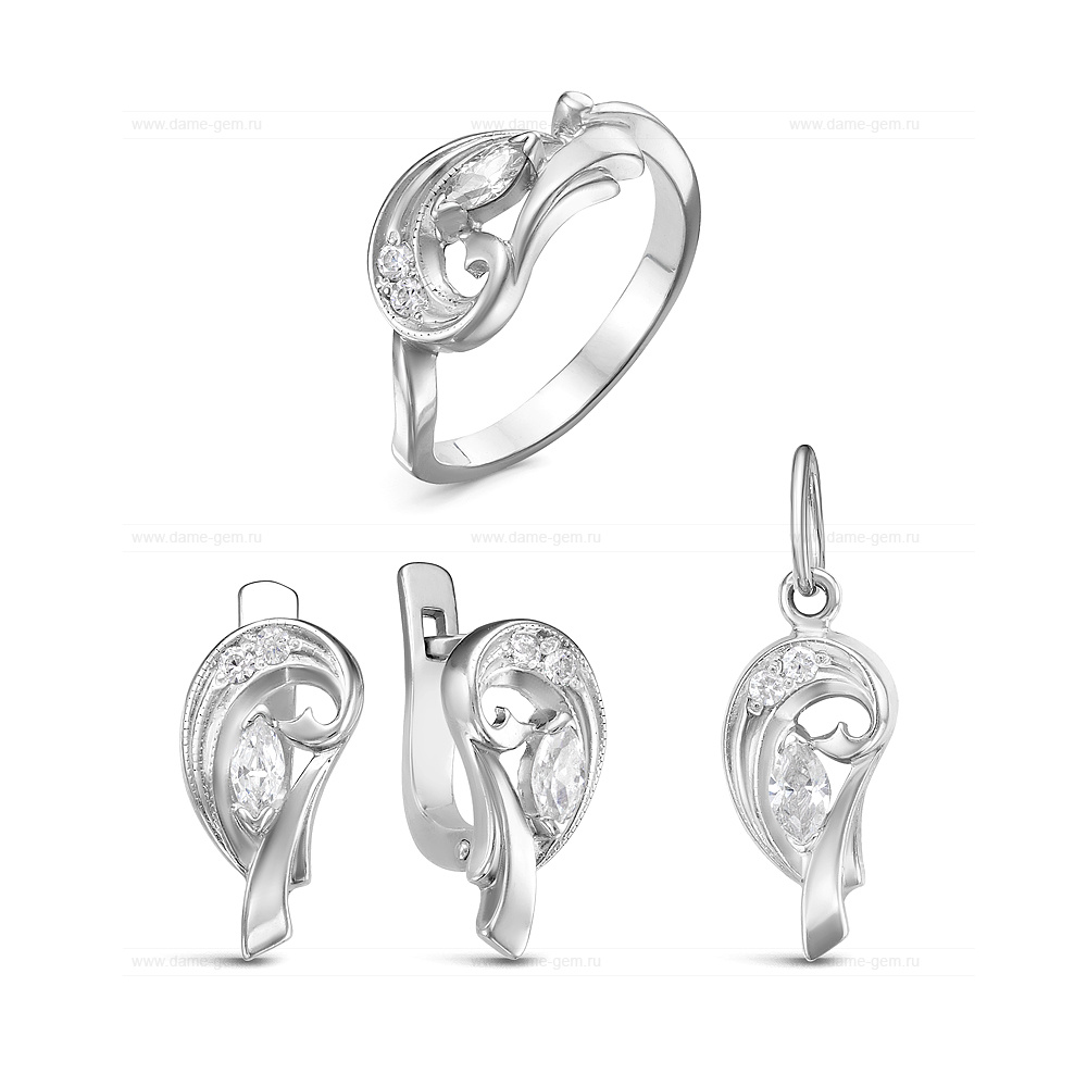 Комплект из серебра 925 пробы с фианитами. Серьги, кольцо и кулон. Артикул 12519 Комплект из серебра 925 пробы с фианитами. Серьги, кольцо и кулон. Артикул 12519