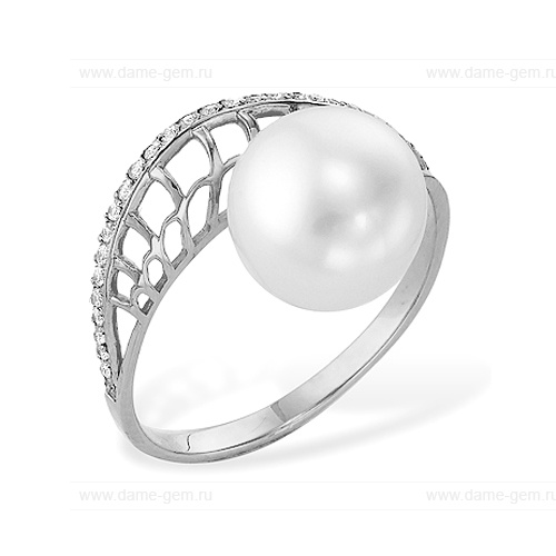 Кольцо из белого золота 585 пробы с белой жемчужиной 7,5-8 мм. Артикул 12008