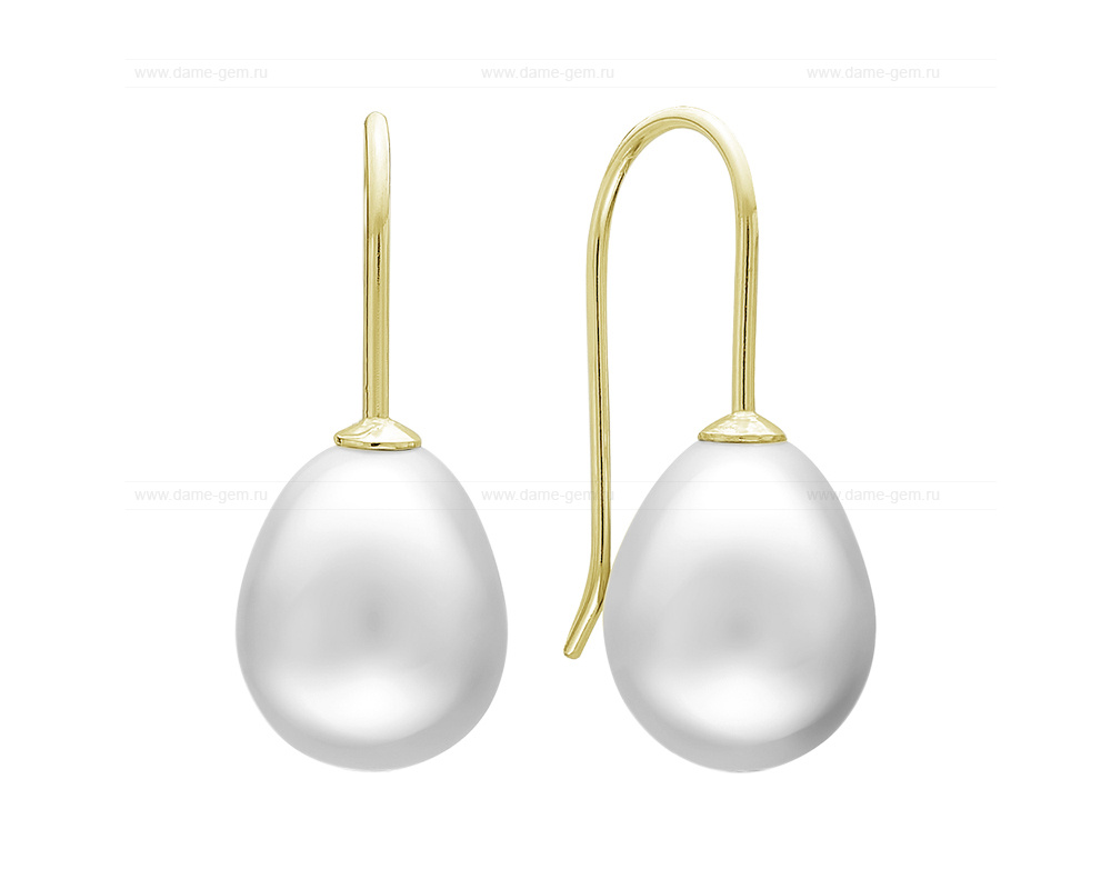 Серьги из желтого золота с белыми жемчужинами 9-10 мм. Артикул 11992