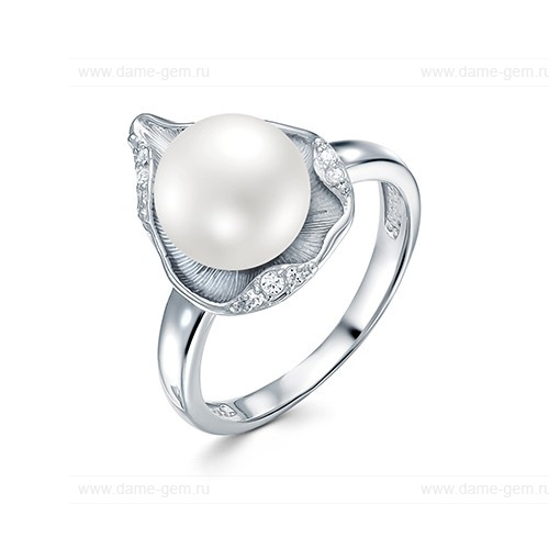 Кольцо из серебра 925 пробы с белой жемчужиной 8,5-9 мм. Артикул 9438