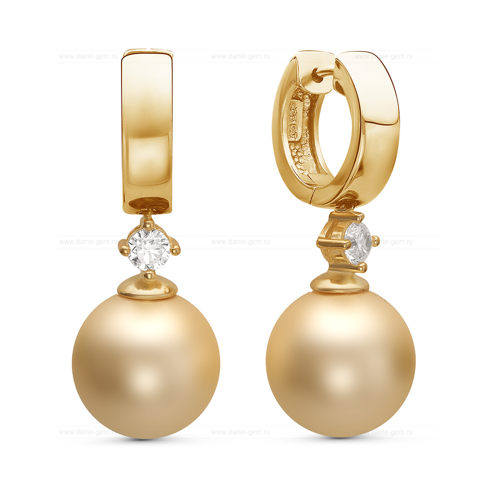 Серьги из серебра с золотистыми жемчужинами "Майорика" 12 мм. Артикул 11265