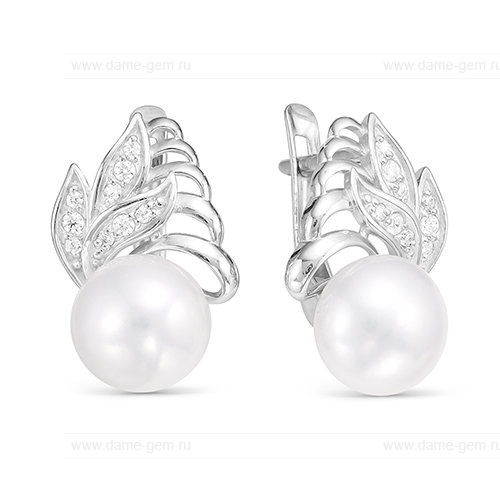 Серьги из серебра с белыми жемчужинами 8-8,5 мм. Артикул 12268