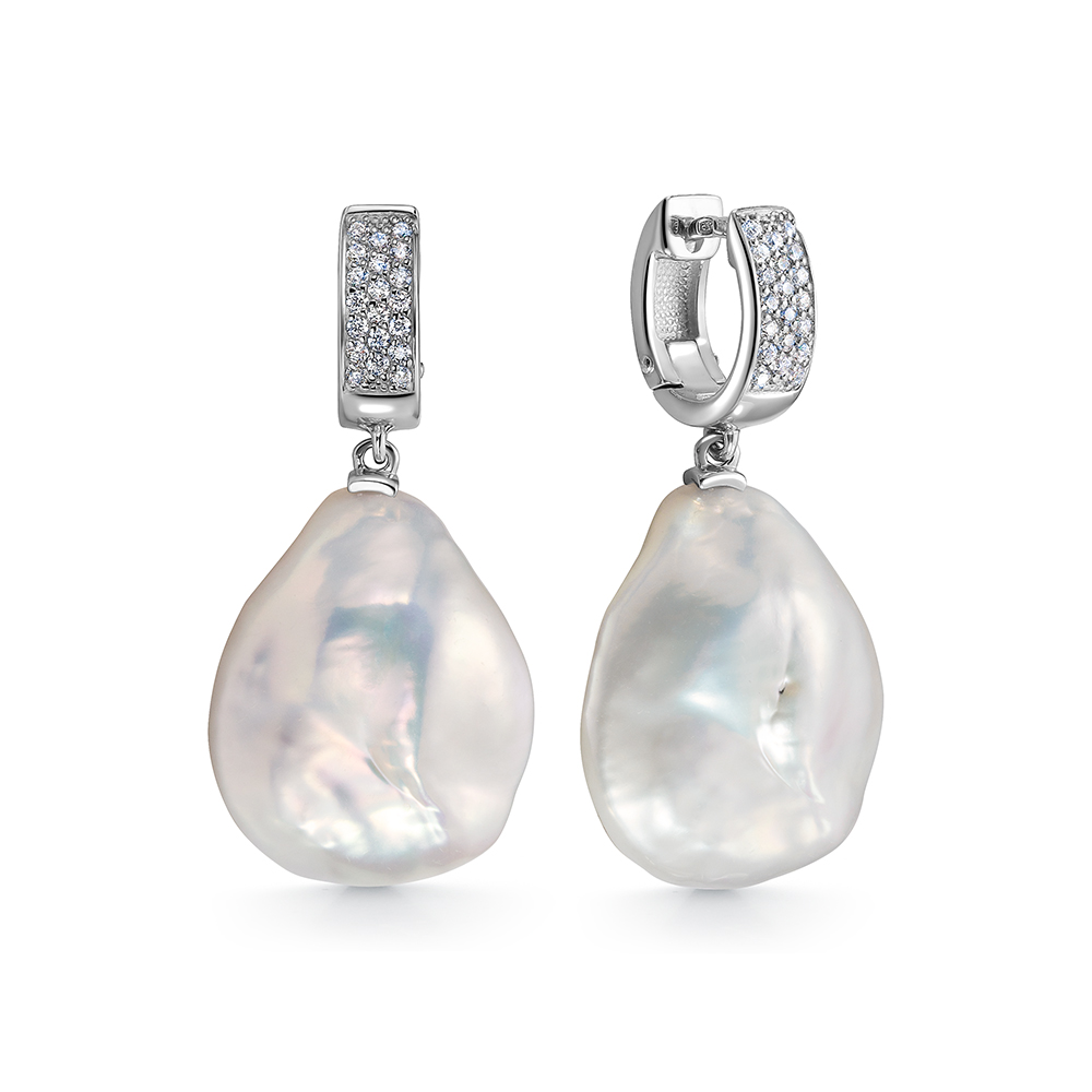 Серьги из серебра 925 пробы с белыми барочными жемчужинами 18-22 мм. Артикул 105055