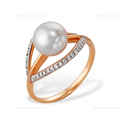 Кольцо из красного золота 585 пробы с белой жемчужиной 8,5-9 мм. Артикул 12065