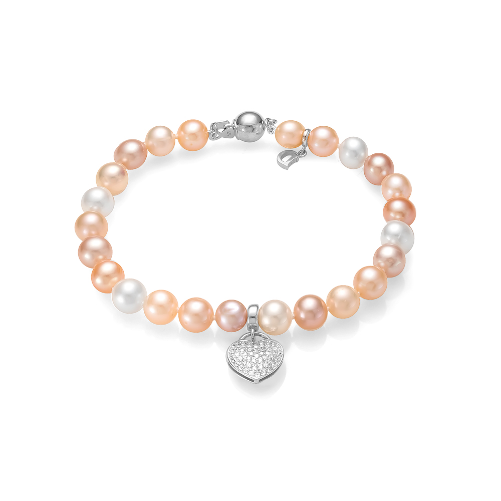 Браслет "микс" из речного жемчуга 8,5-9 мм с подвеской "Сердце". Качество жемчуга высокое АА+. Артикул 11625