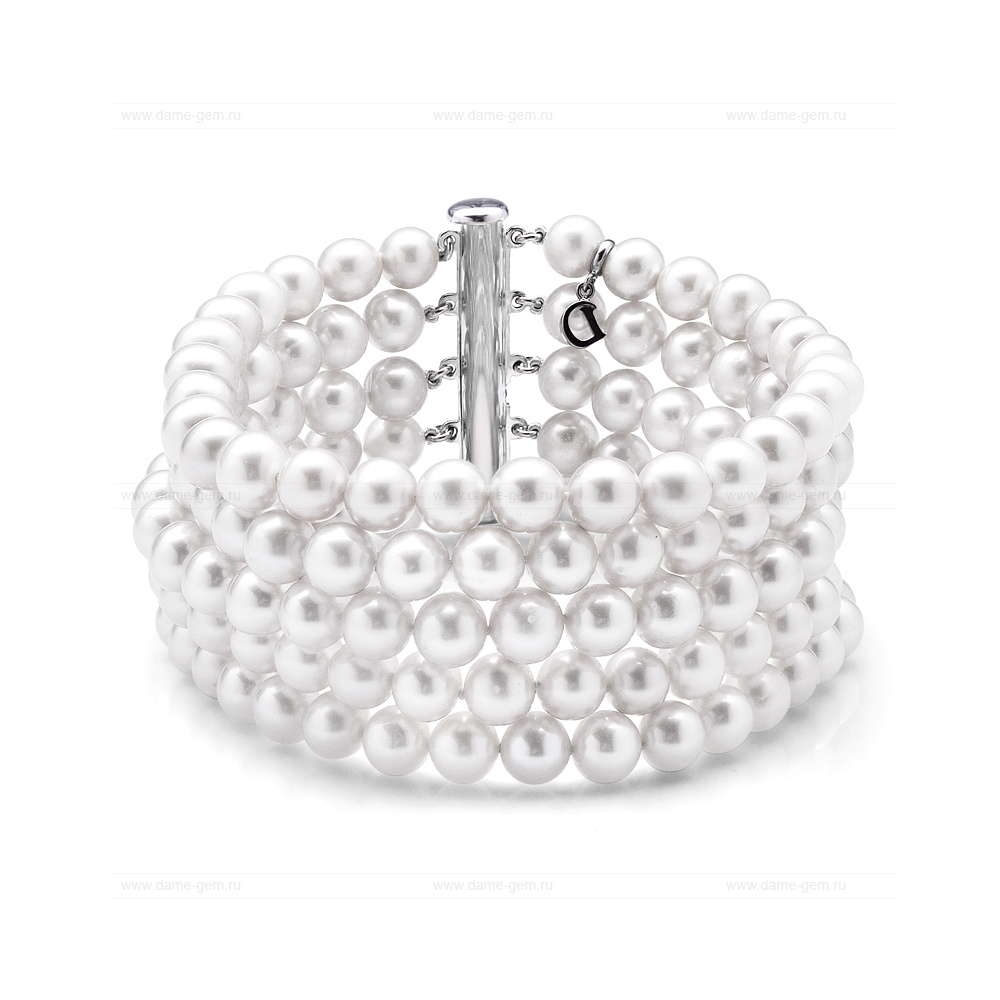 Браслет в 5 рядов из белого круглого речного жемчуга 6-6,5 мм. Качество жемчуга высокое АА+. Артикул 10489