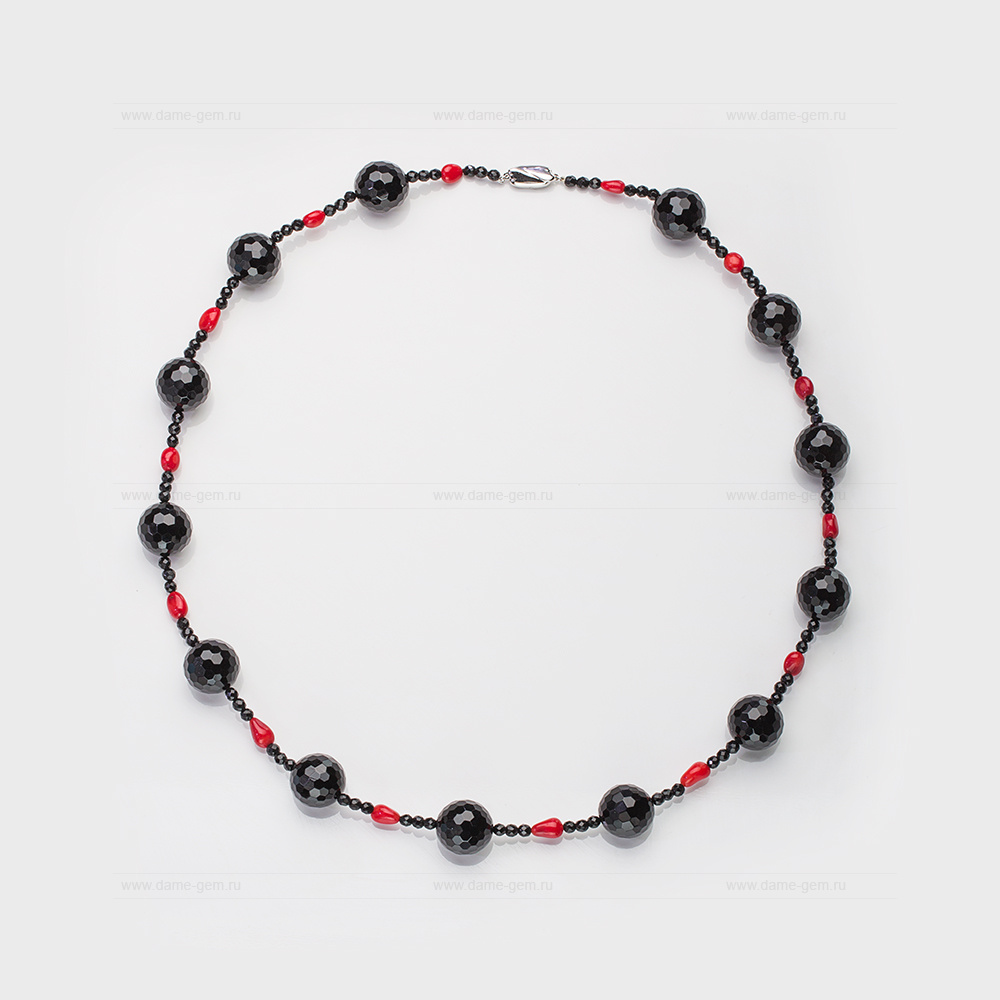 Длинные бусы из черного агата и коралла. Артикул 12331