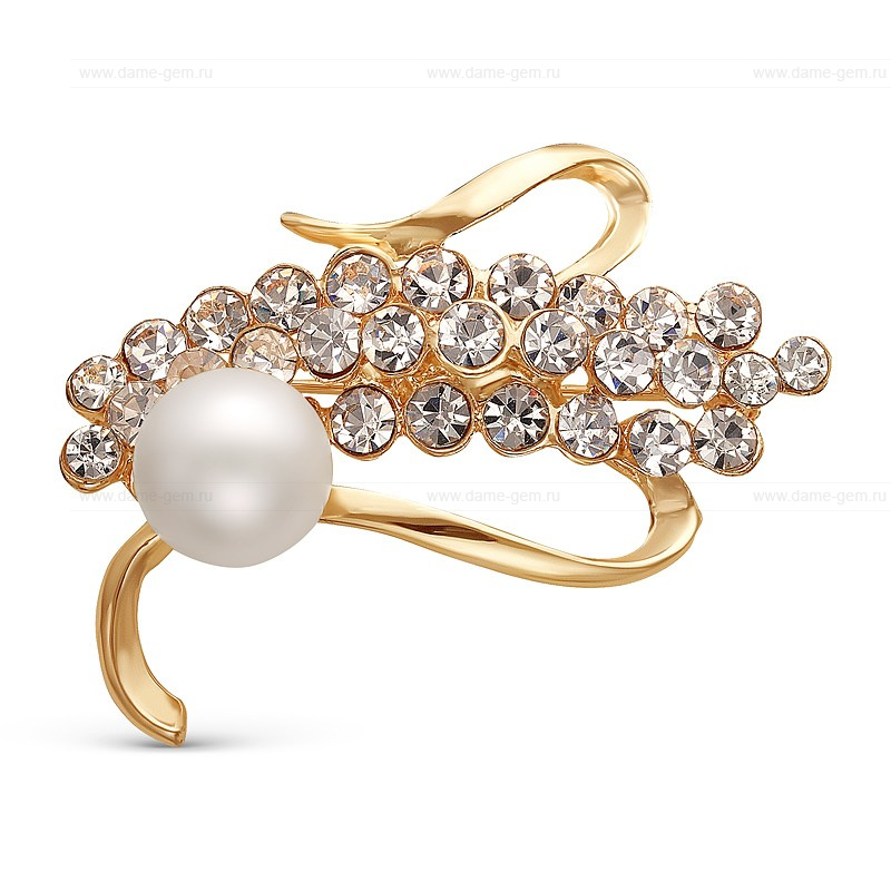 Брошь из сплава с белой жемчужиной 10-11 мм. Артикул 10020