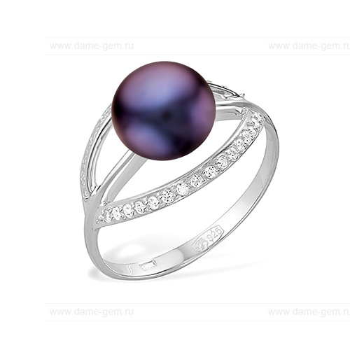 Кольцо из серебра 925 пробы с черной жемчужиной 8,5-9 мм. Артикул 11783