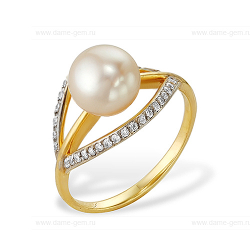 Кольцо из желтого золота 585 пробы с белой жемчужиной 7-7,5 мм. Артикул 9322