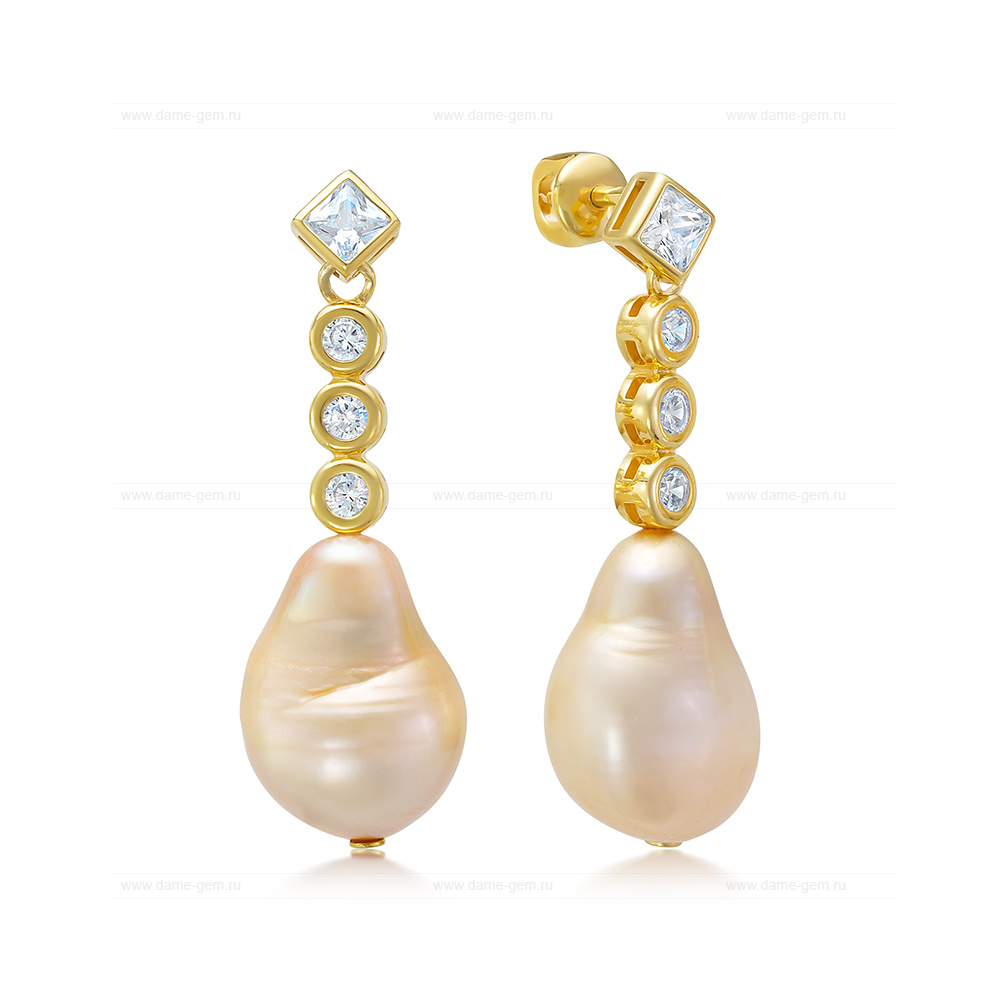 Серьги из серебра с золотистыми жемчужинами "Барокко" 11-12 мм. Артикул 12608