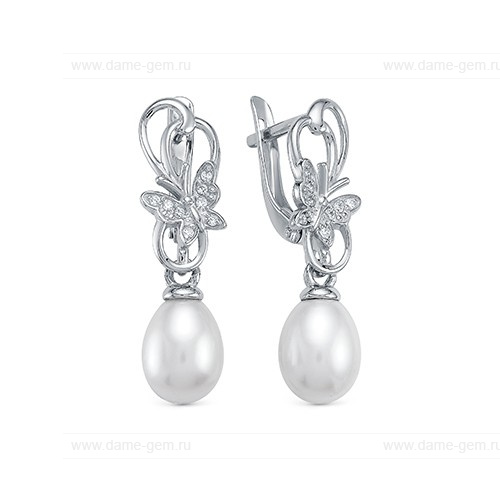 Серьги из серебра с белыми жемчужинами 7,5-8 мм. Артикул 12412