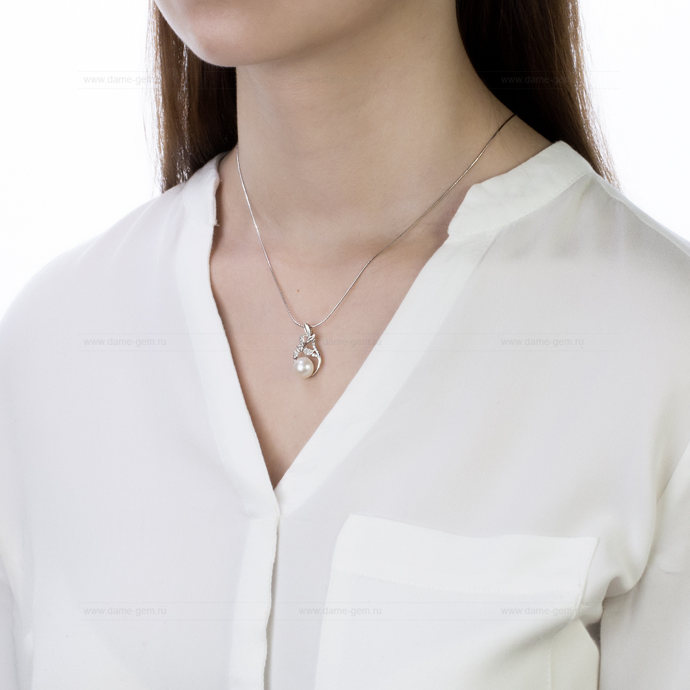 Кулон из серебра с белой жемчужиной 8,5-9 мм. Артикул 11688 Кулон из серебра с белой жемчужиной 8,5-9 мм. Артикул 11688