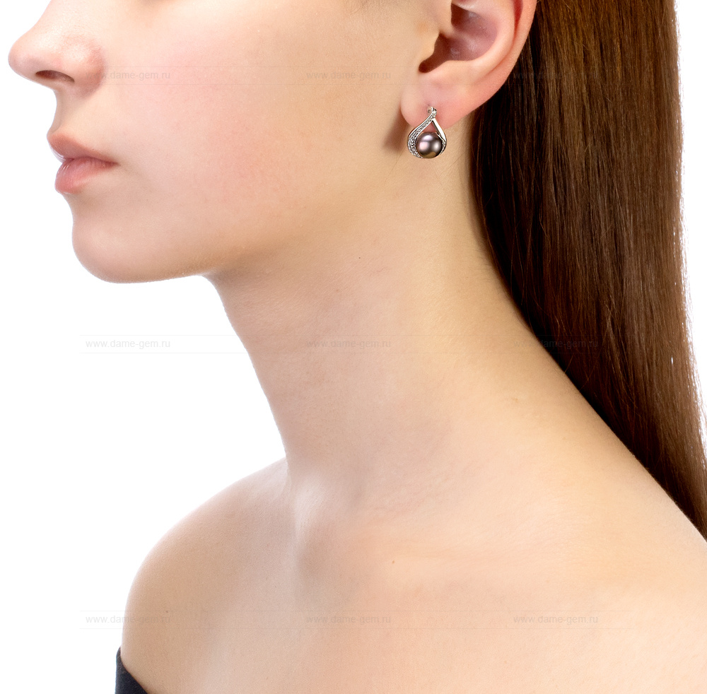 Серьги из серебра с черными жемчужинами 8,5-9 мм. Артикул 10216