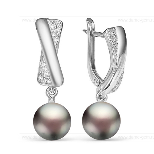 Серьги из серебра с черными жемчужинами 9,5-10 мм. Артикул 12554
