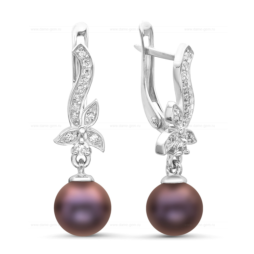 Серьги из серебра с черными жемчужинами 8-8,5 мм. Артикул 11372