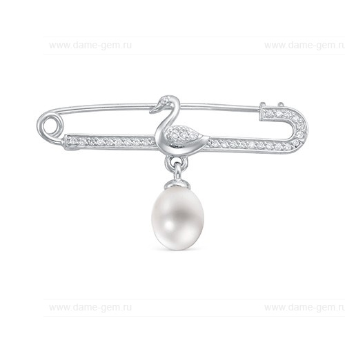 Брошь серебряная с белой каплевидной жемчужиной 9-10 мм. Артикул 12097