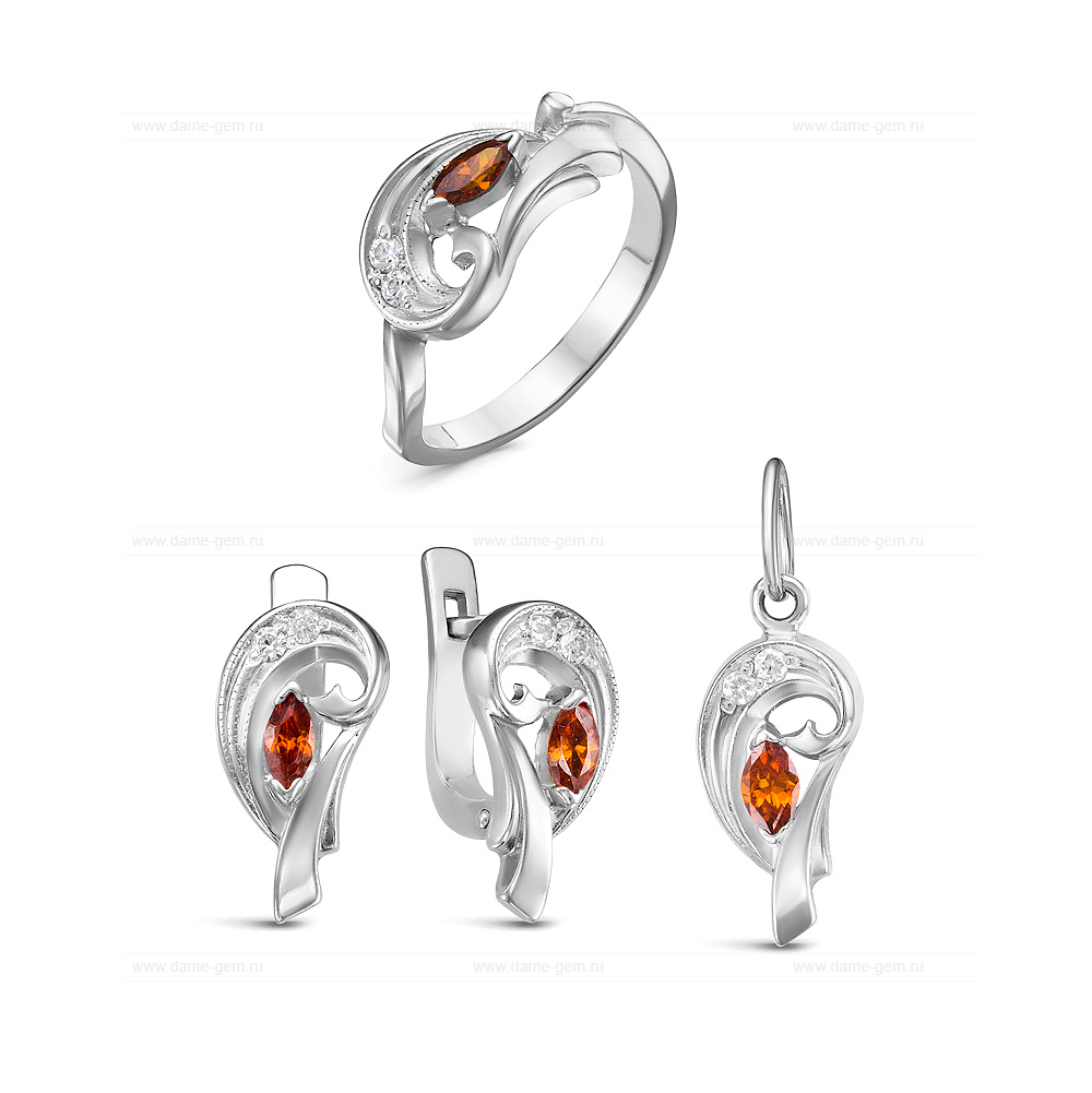 Комплект из серебра 925 пробы с фианитами. Серьги, кольцо и кулон. Артикул 12572