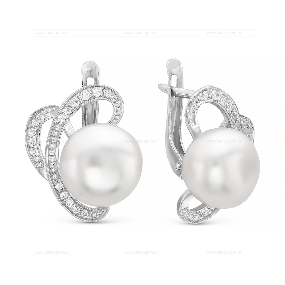 Серьги из серебра с белыми жемчужинами 8,5-9 мм. Артикул 9621